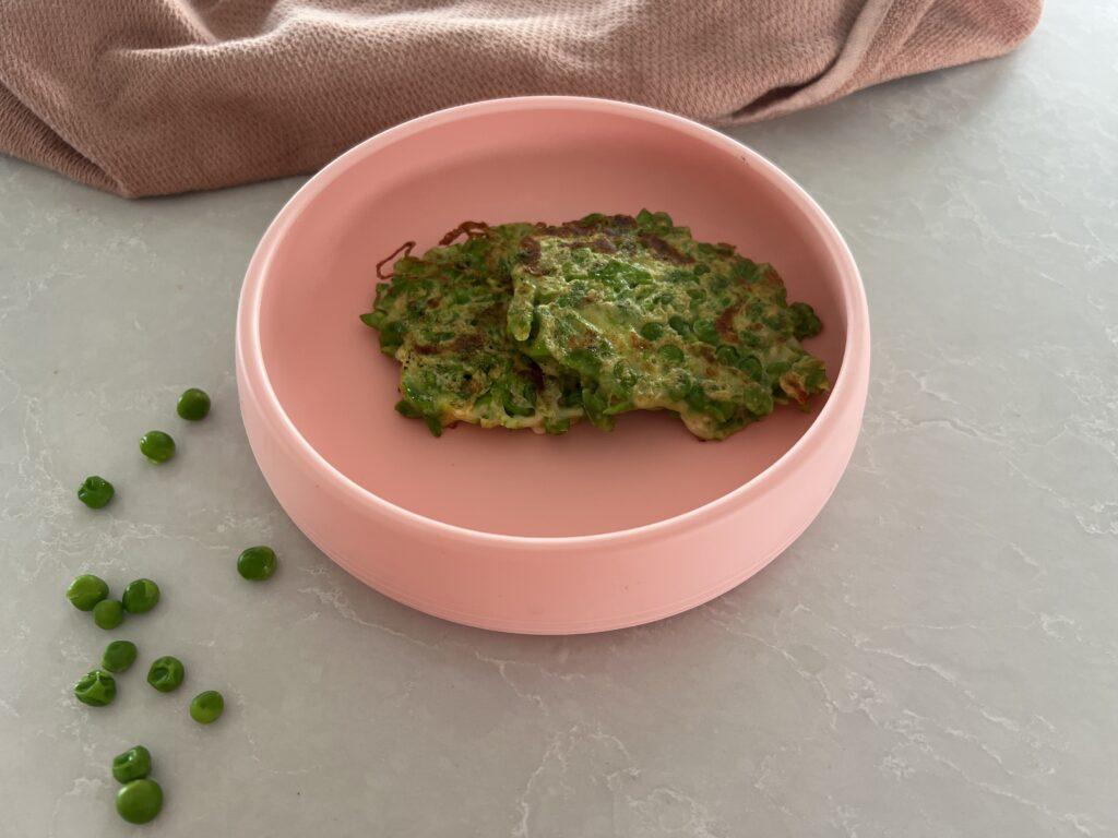 Pea Pee Fritters in pink Suckie Scoop Plate by Starting Solids Australia