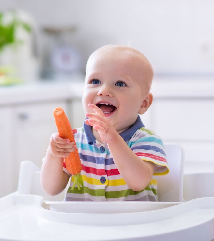 Baby eating a carrot as a resistive food teether by Starting Solids Australia