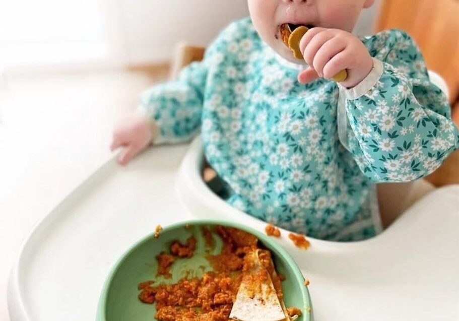 Baby in highchair 'combo feeding' with Starting Solids Australia silicone suction plate